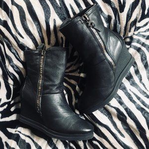 Nicole Selen Black Leather Wedge Boots